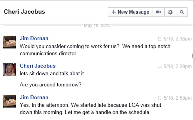 Facebook messages from Jim Dornan to Cheryl Jacobus showing that the Trump campaign had wanted to hire her as a “top notch communications director”